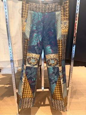 Etro Patchwork Floral Straight-Leg Pants in Navy, Teal, Gold